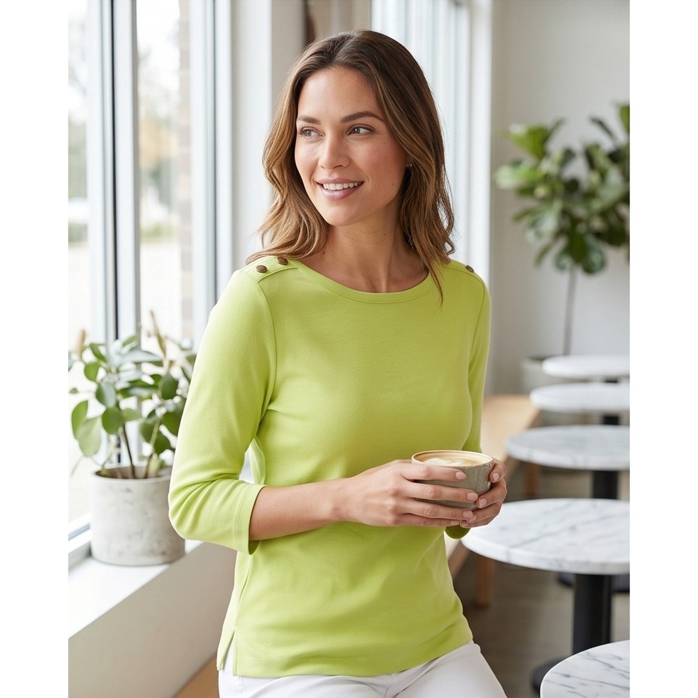 Chicos 1 Button Accent Top 3/4 Sleeve‎ Boat Neck Casual Chartreuse Medium New